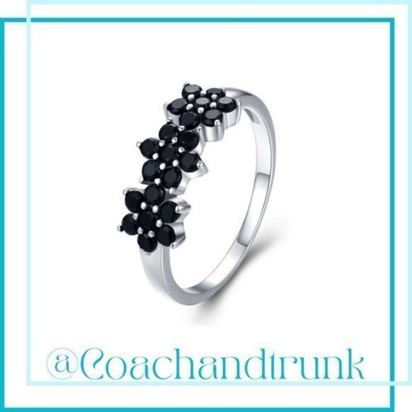 Coach And Trunk Jewelry - 925 Sterling Silver Black Spinel Prong Set 3 Flower Band Ring Size 6 NWT
